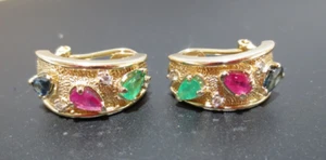 14K YG MULTI-GEMSTONE HUGGIE EARRINGS 9.15MM X 18.09MM 7.52 grams (G131348-1) - Picture 1 of 16