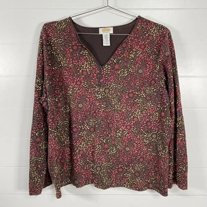 Talbots Shirt Womens 2X Brown Floral Print Long Sleeve V-Neck Knit Stretch USA - Picture 1 of 9