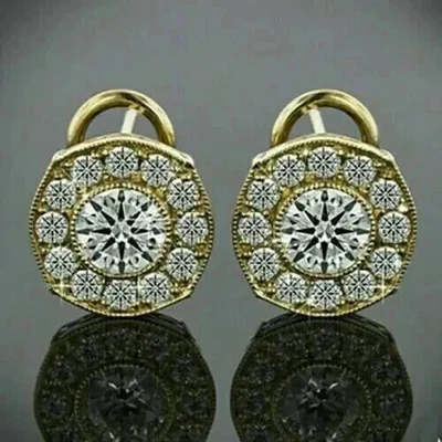 2 Ct Round Real Moissanite Hoop Huggie Gift Earrings 14k Yellow Gold Plated - Image 1 of 4