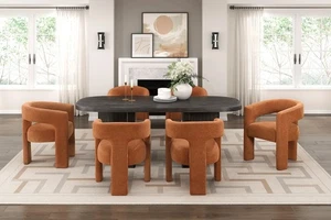 Modern Dining Set 7pc Table and Chairs Orange Fabric Luxury Aesthetic Furniture - Picture 1 of 13