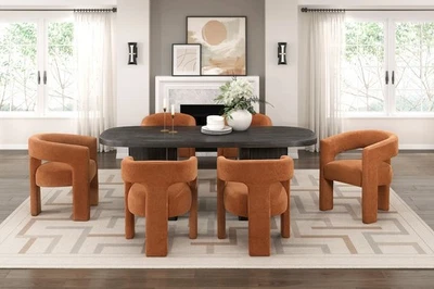 Modern Dining Set 7pc Table and Chairs Orange Fabric Luxury Aesthetic Furniture - Image 1 of 4