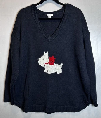 Suéter J Jill Negro Scottie Perro XL Algodón Mezcla Lana Novedad Vacaciones Foto 1 de 4