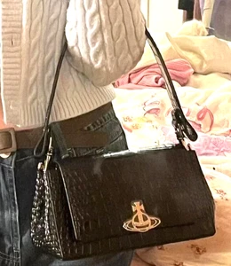 NWT Vivienne Westwood Hazel ② Shoulder Bag Black Crocodile Pattern Leather - Picture 1 of 6