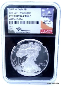 2019-W 1st Day SILVER EAGLE NGC PF70 Ultra Cameo Mercanti Hand-Signed Flag Label - Picture 1 of 4