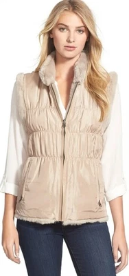 Linda Richards Luxury Ruched Champagne Beige Rabbit Fur Reversible Vest Size L - Image 1 of 4