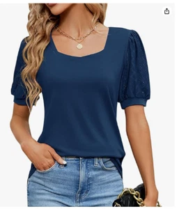 Women’s T-Shirts Square Neck Puff Sleeve Tops Small Loose Blouses Navy Rapbin - Picture 1 of 6