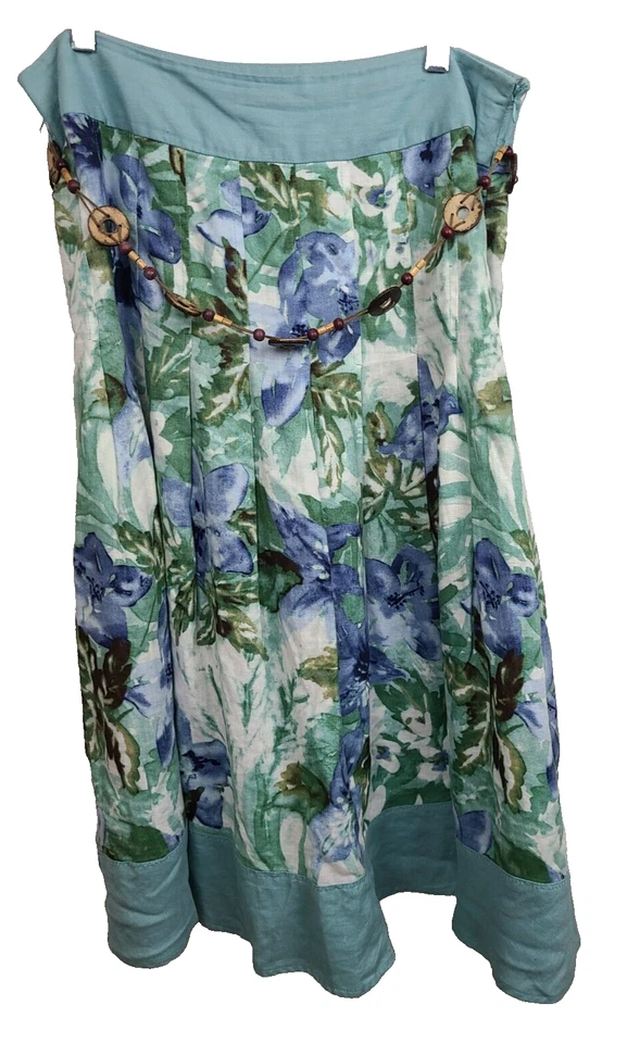Maxi Falda TapeMeasure Mujer Lino Talla 10 Verde Azul Floral Cinturón con Cuentas BOHO Foto 1 de 4