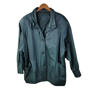 Vintage 80s Leather Bomber Jacket size Large Coat womens Winter pockets green - Picture 1 of 8