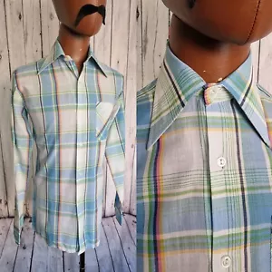 Winston Vintage Dagger Collar Shirt-Small- Blue Check PolyCotton 1970s Mod CY49 - Picture 1 of 11