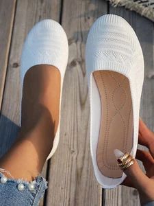 Round Toe Women's Flat Shoes, Knitted Casual Slippers, Breathable Ballet Flats- - Picture 1 of 18
