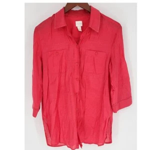Chico's Red Roll tab Sleeve Blouse Semi-sheer Lightweight M (Vanity Size 1) - Picture 1 of 16