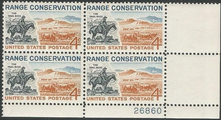 Plate Block of 4 stamps - Scott 1176 - 4 cent - Range Conservation - 1961 - MNH - Image 1 of 1