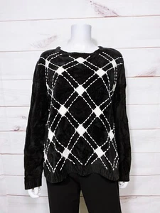 Alfred Dunner Womens Sweater Size XL Black & White Argyle/Diamond Pullover - Picture 1 of 7