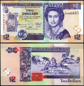 Belize 2 Dollars 2021, UNC, P-66, QUE II, New Sign, New Date - Picture 1 of 3