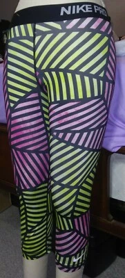 Nike Pro Leggings Dri Fit Small Purple Yellow Compression Capri 3/4 style 658365 - Image 1 of 4
