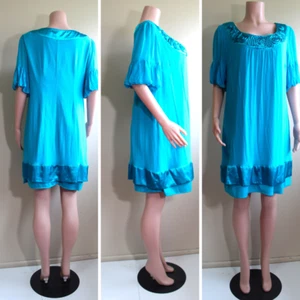 L Turquoise Silk Crepe Soutache Neck Mini Dress Bell Sleeve Lined by Robbie Bee - Picture 1 of 9