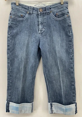 Pantalones de mezclilla Zena azul capri para mujer talla 4-28" W tiro medio-puño enrollado elástico recortado Foto 1 de 4