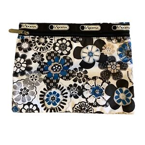 LeSportsac Cosmetic Make Up Bag Blue Black Floral Travel Toiletry Pouch Vacation