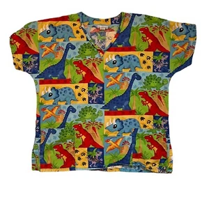 Scrub Top Dinosaurs V Neck Top Sz XL Medical Nurse Vet Dental Mad About Scrubs - Picture 1 of 4