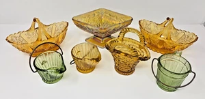 Mixed LOT of Vintage Glass Decor Fenton Atlas Indiana Amber Green Basket Bucket - Foto 1 di 14