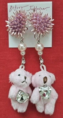 Betsey Johnson  Crystal Spikey Pave Heart Pink Fuzzy Teddy Bear Drop Earrings  - Image 1 of 2