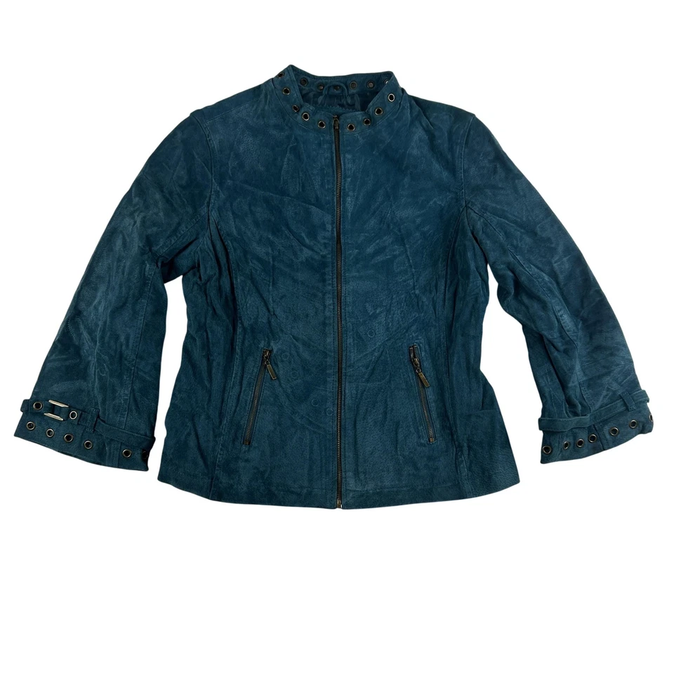 Chaqueta De Colección Live A Little Para Mujer Mediana Azul Teal Cuero Moto Cremallera Borde de Ojales Foto 1 de 4
