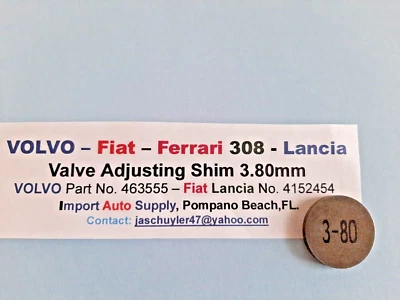 Calço de válvula 3,80mm Ferrari 308 - Fiat 124 - 128 - 131 - X1/9 - Volvo 76-95 4 cilindros - Imagem 1 de 2