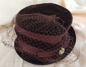 Vintage Hat Brown Velvet & Satin with Netting S/M - Picture 1 of 1