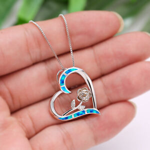 Romantic Rose Flower Leaf Opal Heart Pendant Chain Women Love Wedding Necklace