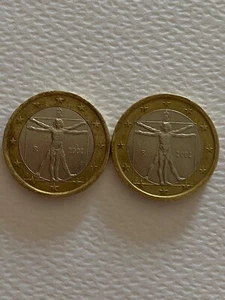1+1 Euro from Italy, circulated 2002 Vitruvian Man by Leonardo da Vinci - Picture 1 of 8
