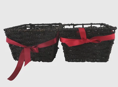 2 Medium Square Wicker Rattan Woven Dark Brown Baskets w/ Metal Frame - VTG - Image 1 of 4