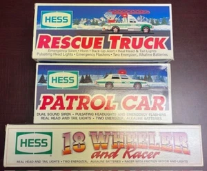 Hess trucks 1992 18-Wheeler and Racer 1993 Patrol Car 1994 Rescue truck All New - Picture 1 of 5