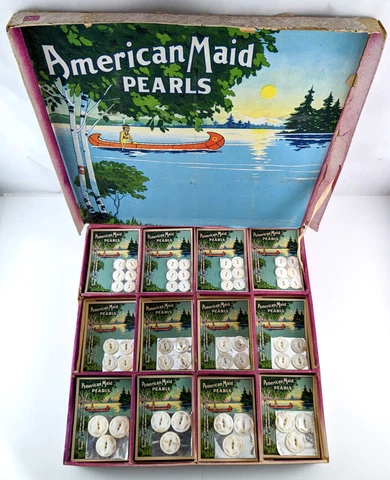 American Maid Pearls Button Display Box With 62 Cards Native American Design Cover