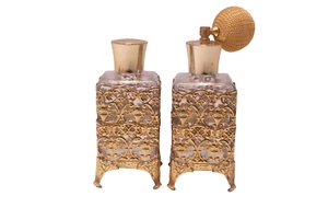 Perfume Bottle Set with Atomizer Cap and Gold Filigree Covers - Picture 1 of 6