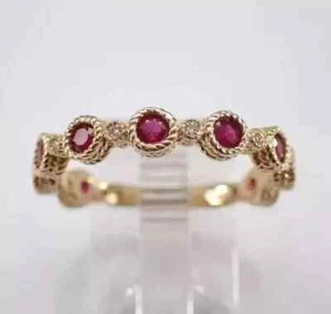 1.10Ct Round Cut Lab Created Red Ruby Wedding Band Ring 14K Yellow Gold Plated - Picture 1 of 9