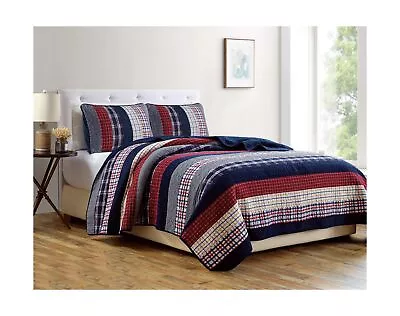 Chezmoi Collection Milton 3-Piece Plaid Checkered Patchwork Striped Quilted 1... - Image 1 of 3