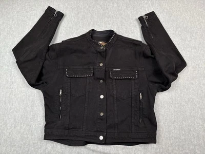Harley Davidson Denim Jacket Women XL Black Jean Rhinestone Moto Biker Button Up - Image 1 of 4