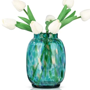 Blown Glass vase, Green Round Mouth vase, Modern Glass Art vase, Living Room ... - Picture 1 of 8
