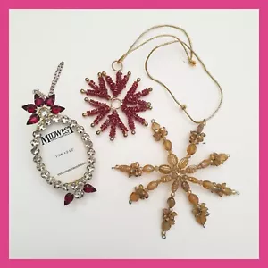 Vintage Snowflake Shape Ornament Beaded Beads Rhinestone Hanging Frame - Picture 1 of 6