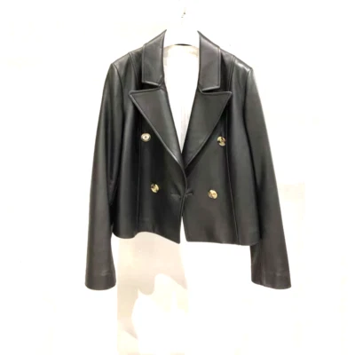 Black Lambskin Leather Cropped Coat Womens Button Up Street Fashion Retro XL 2XL - Image 1 of 3