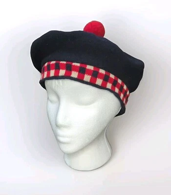 Vintage Biltmore Canada's Hatters Wool Beret Navy w/ Checkered Trim & Pom Size M - Image 1 of 4
