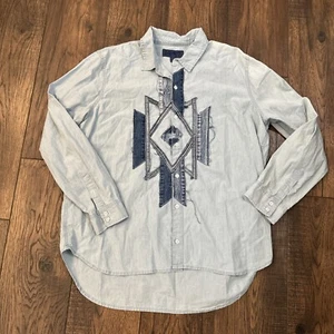 Lucky Brand XL Navajo Fort Bend Chambray Long Sleeve Shirt Womens Retro Aztec - Picture 1 of 5