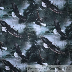 BonEful Fabric FQ Cotton Quilt Green Tree White Bald Eagle American Bird Flying - Picture 1 of 12