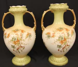 ANTICO SET VASO TARDO MAERS ETON VERDE ORO FIORI FOGLIE 12" PORCELLANA DORATA - Foto 1 di 11