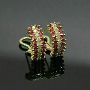 14k Yellow Gold Plated In 2Ct Round Cut Simulated Red Ruby Women's Hoop Earring - Picture 1 of 5