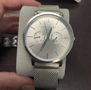 Ted Baker Norton Date 42mm Silver Dial Steel Mesh Men's Watch Teal Accents EUC - Picture 1 of 4