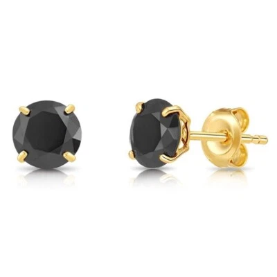 10K Real Solid Gold Solitaire Black Onyx CZ Stud Earrings Sleeper Studs All Size - Image 1 of 4