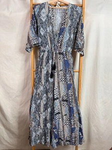 Jaase Dress Womens Small Blue Geometric Print Half Sleeve V-Neck Maxi Boho - Picture 1 of 9