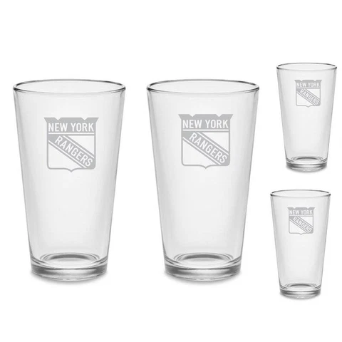 SET OF 4  - New York Rangers NHL Hockey Pint Beer Glasses Etched Tumblers Drinkw Cover
