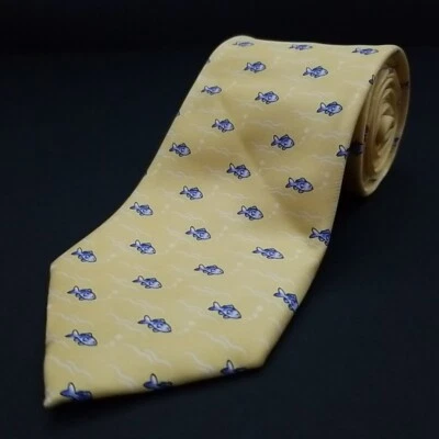 Tommy Hilfiger Luxury Narrow Tie Yellow Blue Fish Foulard Pattern Silk Necktie - Image 1 of 4